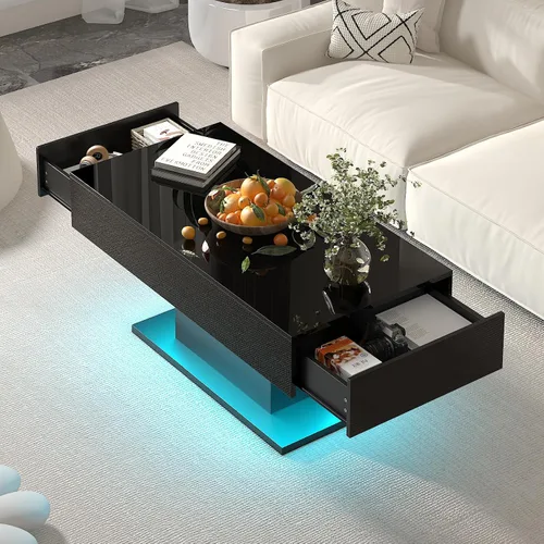 Vista 8 de HedoAjim - Mesa de café negra con LED y 2 cajones de almacenamiento para sala de estar, mesa rectangular de centro para sala de estar, mesas de café