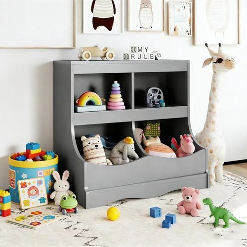 Vista 2 de Costzon Organizador de almacenamiento de juguetes, estantería para niños de 4 compartimentos con estribo y tarjeta de nombre, estantería de madera