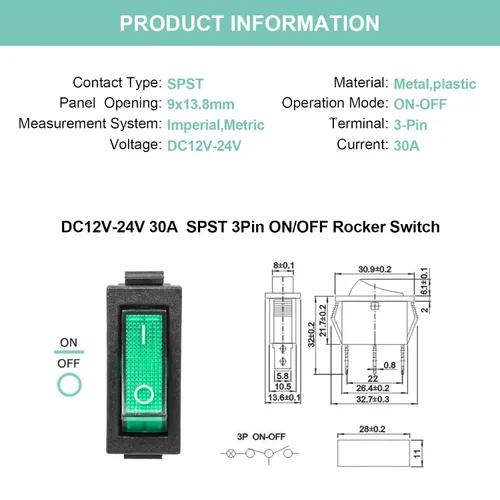 Vista 2 de KCD3 SPST de encendido/apagado de 3 pines, 2 posiciones, interruptor basculante instantáneo DC 12V-24V 30A con LED verde para barco - Paquete de 5