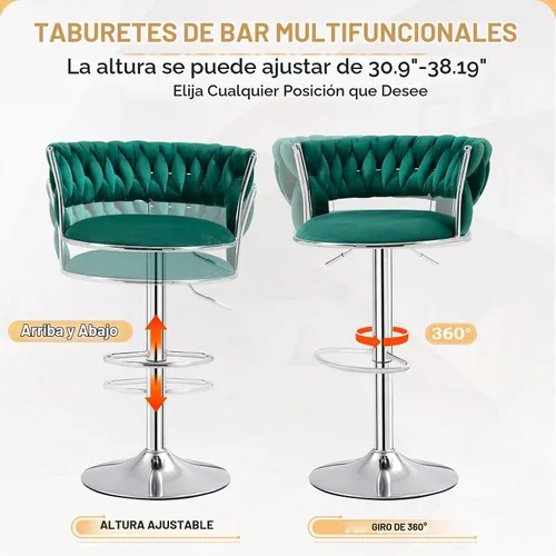 Vista 8 de Juego de 3 taburetes de bar verde esmeralda, modernos taburetes de bar giratorios de 360° con base plateada, sillas de bar de terciopelo, taburete
