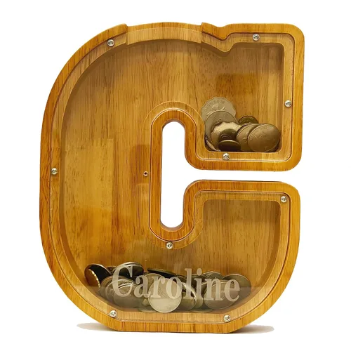 Vista 3 de Hucha Personalizada de Madera con Alfabeto - Hucha para Niños - Hucha para Niños y Niñas - Hucha de Monedas - Banco - Puede Usarse como Regalo
