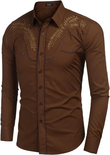 Vista 5 de COOFANDY Camisa occidental para hombre de manga larga con bordados, camisa de vaquero casual con botones café (01-Coffee(Pattern1))