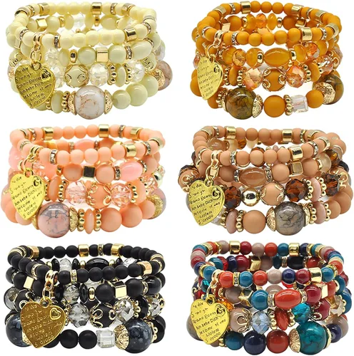 Vista 9 de Juego de pulseras bohemias para mujer, 6 juegos de pulseras elásticas apilables multicolor, joyería bohemia para mujeres, pulseras hippie, joyería