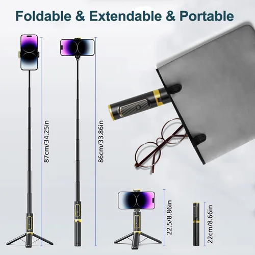 Vista 5 de JUYOUYI - Trípode para iPhone, selfie stick con control remoto, aleación de aluminio, el mejor soporte plegable para trípode extensible, rotación