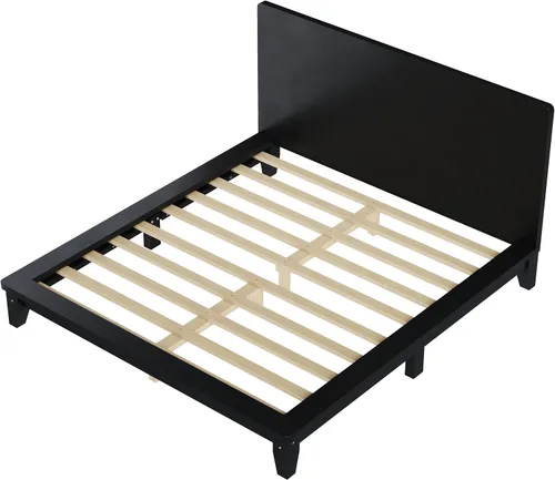 Vista 5 de JIVOIT Base de cama de plataforma de tamaño matrimonial con cabecero, cama de plataforma de madera estilo retro con patas de madera maciza Negro