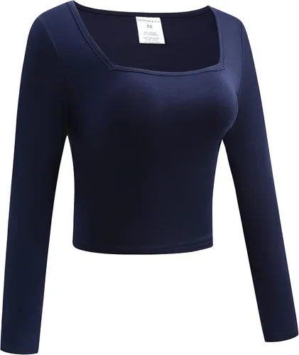 Vista 3 de OThread & Co. Camiseta corta de manga larga con cuello cuadrado para mujer