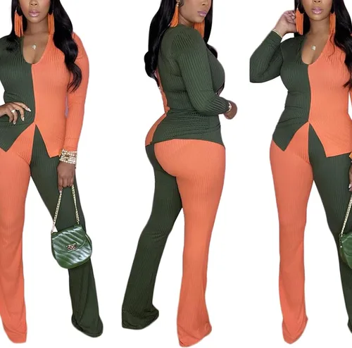 Vista 4 de kaimimei Conjunto deportivo sexy de 2 piezas con bloques de color para mujer, con dobladillo acanalado, abertura y pantalones acampanados, ropa