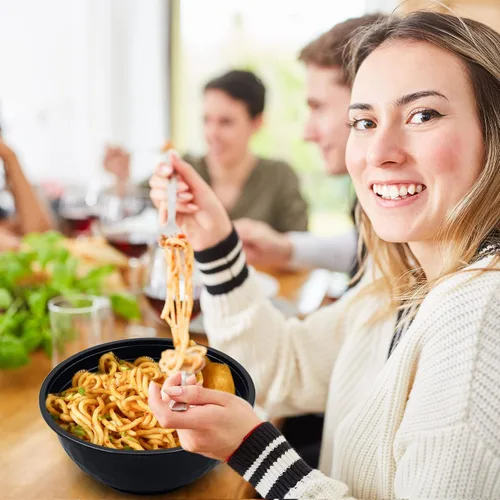 Vista 6 de 150 recipientes apilables para preparación de comidas, cuencos de comida de 36 onzas para llevar, reutilizables, negros desechables con tapas, aptos