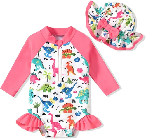 Vista 10 de Aalizzwell Traje de baño de una pieza de manga larga con sombrero para bebé niña