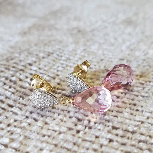Vista 2 de Galaxy Gold GG Pendientes de oro macizo de 14 quilates con diamantes y topacio rosa