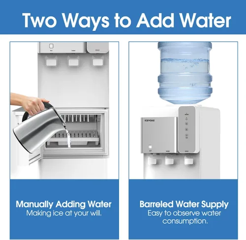 Vista 6 de Enfriador de agua 3 en 1 con máquina de hielo integrada, dispensador de hielo y agua de carga superior para botella de 3 o 5 galones, agua caliente