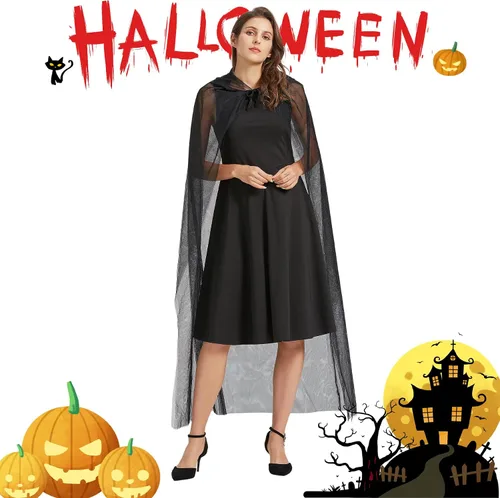 Vista 5 de Capa con capucha de Halloween, de longitud completa, para adultos, capa de bruja de terciopelo, bata de vampiro, disfraz de cosplay para mujer