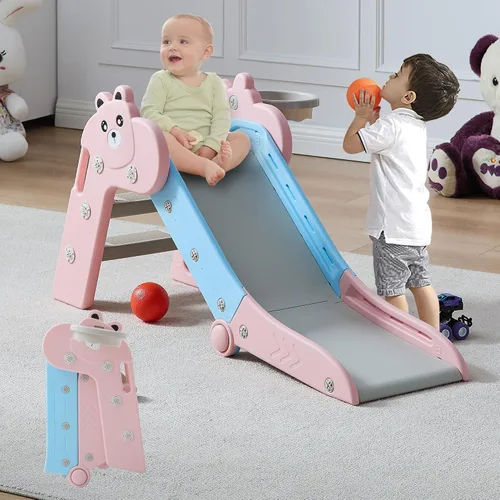 Vista 7 de DOREROOM Toboganes de interior para niños pequeños, plegables de plástico con aro de baloncesto y pelota