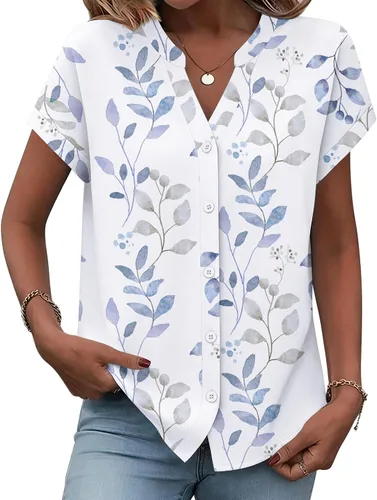 Vista 25 de Zeagoo Camisas con botones para mujer, camisetas de manga corta, cuello en V, blusas casuales de negocios