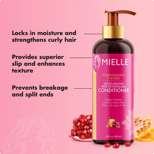 Vista 4 de Mielle Organics Acondicionador desenredante de granada y miel para cabello rizado, acondicionador hidratante profundo para ayudar a fortalecer