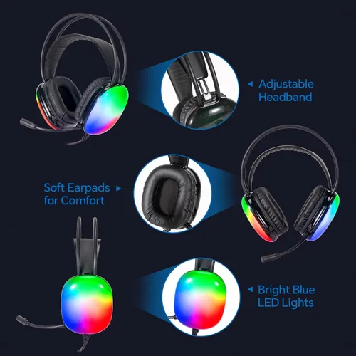 Vista 7 de Juego de teclado para juegos, mouse y mouse con micrófono, todo en uno, USB con cable RGB, retroiluminado, arco iris, botón lateral, compatible