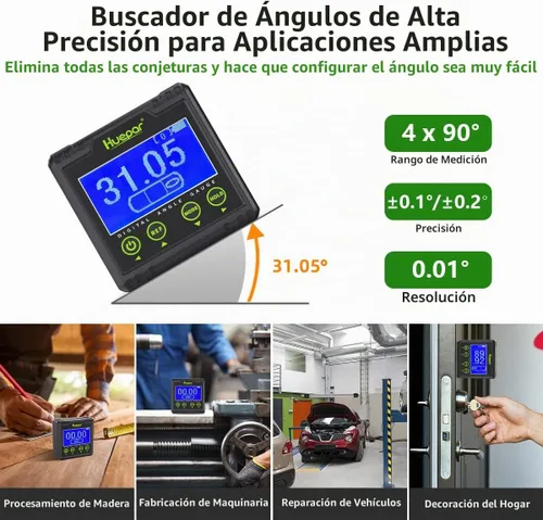 Vista 2 de Huepar Transportador de Medidor de Ángulo Digital, Buscador de Ángulo de Burbuja Electrónico, Caja de Nivel de Doble Eje con Resolución de 0.01°