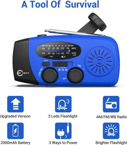 Vista 8 de Esky Radio de emergencia con manivela y 3 linternas LED, radio meteorológica portátil AM/FM/NOAA con cargador de teléfono de 2000mAh, radio
