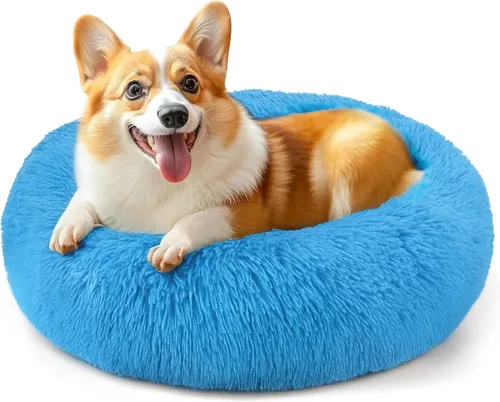 Vista 19 de Hoewina - Cama redonda, calmante, en forma de rosquilla, lavable, esponjosa para interiores, perros y gatos pequeños y medianos, negro, 20 pulgadas