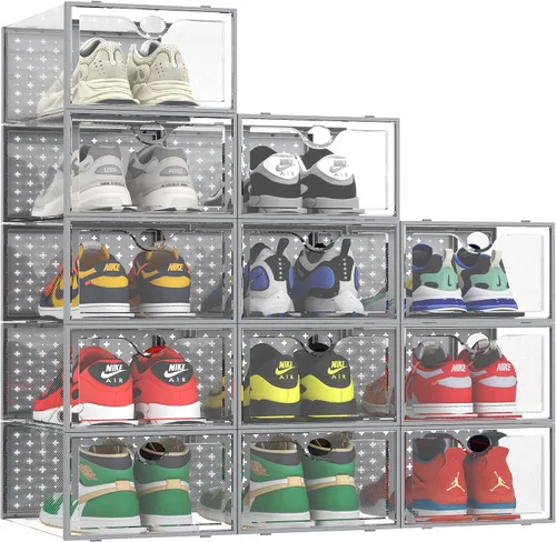 Vista 7 de Pinkpum Paquete de 12 cajas de almacenamiento de zapatos XXL para talla 14, organizador de zapatos apilable de plástico transparente para armario