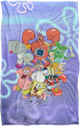 Vista 2 de Manta de Bob Esponja, 36 x 58 pulgadas, Bob Esponja, Grupo de Personajes, Tacto Sedoso, Manta Súper Suave