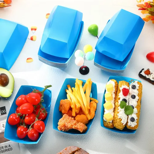 Vista 4 de Uiifan 200 bandejas de papel desechables para alimentos y barcos, resistentes a la grasa, bandeja de cartón para perros calientes, soporte para Azul