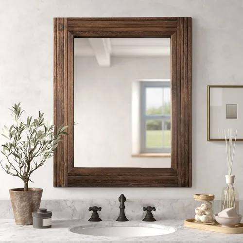 Vista 14 de Espejo de pared de madera empalmada hecha a mano para baño, espejo de tocador rústico estilo granja, arte de pared de decoración, marco de madera