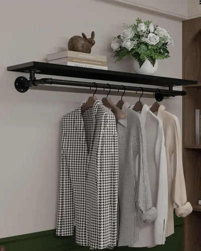 Vista 25 de Perchero negro de 36 pulgadas, perchero montado en la pared con estante de madera real negra, perchero colgante resistente, barra para colgar