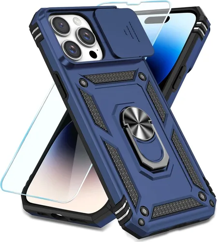 Vista 3 de SunStory Compatible con iPhone 13 Case/iPhone 14 Case con Protector de Pantalla HD y Cubierta de Cámara Deslizante y Soporte de Anillo Giratorio