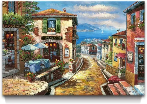 Vista 8 de Arte de pared en lienzo mediterráneo, arte de pared de Italia, arte de café italiano y de París, pinturas al óleo, imagen de paisaje marino