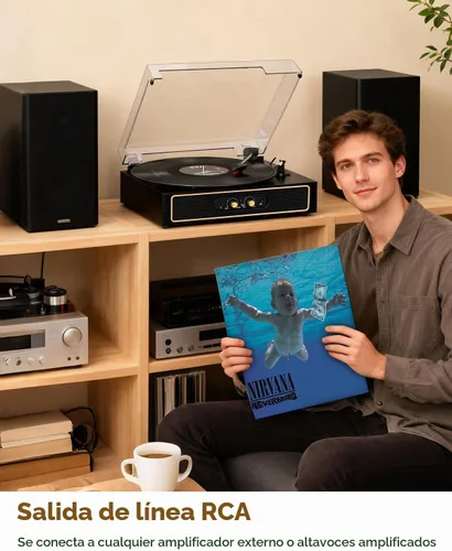 Vista 5 de Tocadiscos de vinilo retro con altavoces, control de graves/agudos