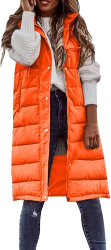 Vista 32 de Chaleco largo para mujer, sin mangas, acolchado, con cremallera, capucha, abrigo de invierno cálido, ligero, con bolsillos