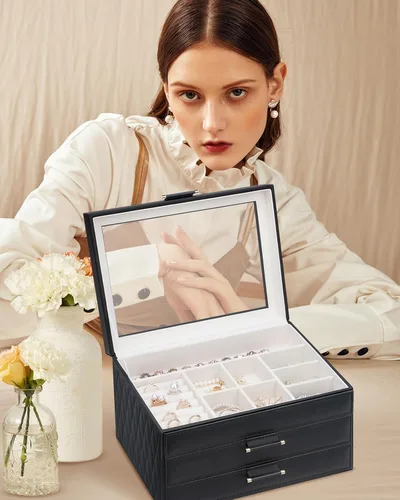 Vista 2 de Joyeros con tapa de cristal, cajas de joyería para mujeres, organizador de joyas de 3 niveles con 2 cajones, estuche de exhibición de joyas, regalo