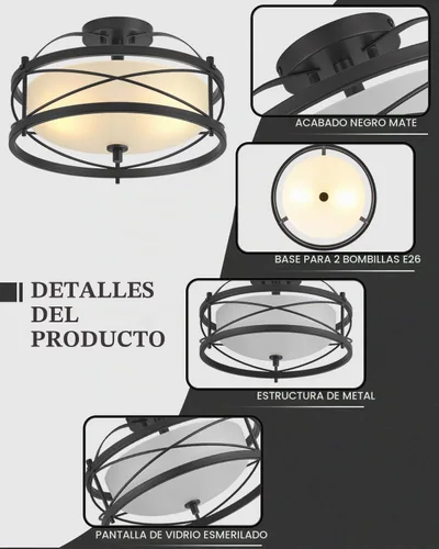 Vista 3 de Accesorios de luz de tambor para entrada, lámpara de techo rústica de montaje semiempotrado para pasillo, sala de estar, dormitorio, cocina (negro)