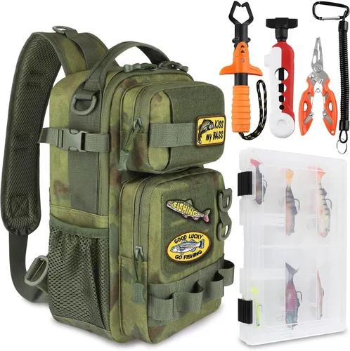 Vista 11 de Dovesun Mochila de pesca pequeña con cajas de aparejos, bolsa de pesca con parches bordados de bricolaje, bolsa de aparejos de regalo para hombres