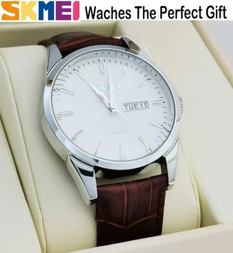 Vista 5 de SKMEI Reloj para hombres de negocios vestido clásico de moda casual negro cuero cuarzo analógico impermeable calendario fecha luz simple relojes