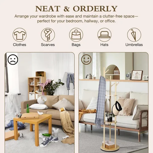 Vista 5 de Perchero de madera con 3 estantes y 9 ganchos, perchero giratorio independiente para entrada, dormitorio, sala de estar, pasillo, capacidad