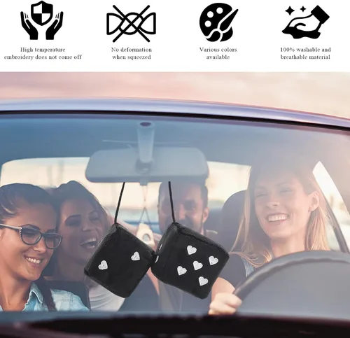Vista 4 de 1 par de dados de felpa mullidos para espejo de automóvil, dados cuadrados retro de 3 pulgadas con forma de corazón, adorno colgante de dados retro