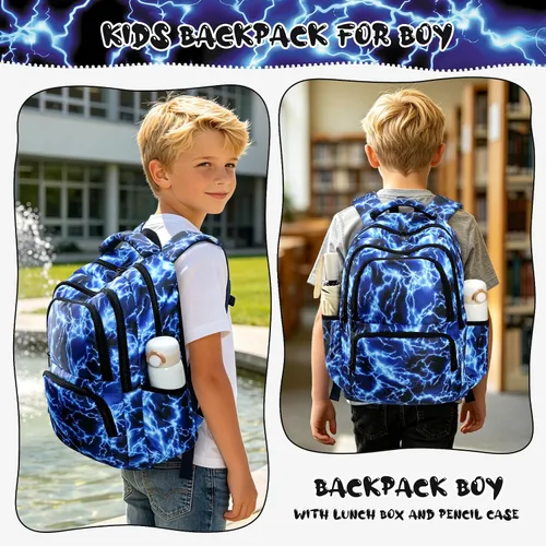 Vista 2 de Mochila para niños y niñas, juego de mochila para niños, bolsa ligera con lonchera y bolsa para lápices para primaria primaria Relámpagos.