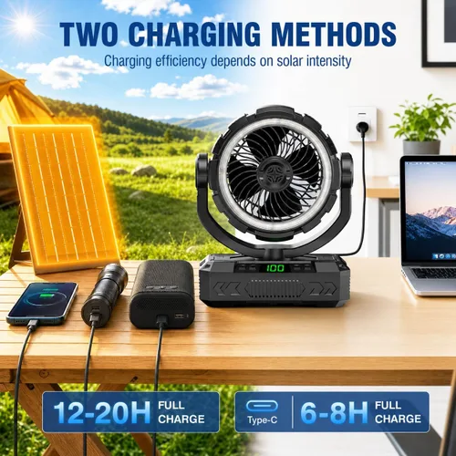 Vista 3 de Ventilador de campamento recargable con energía solar y oscilación automática, 【Funcionamiento de 60 horas】: ventilador portátil al aire libre, 5