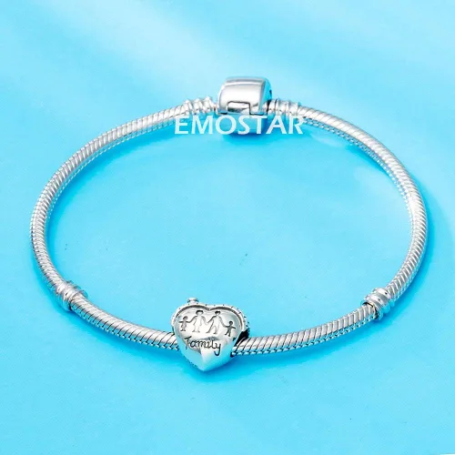 Vista 2 de EMOSTAR Abalorio familiar de plata de ley con forma de corazón para pulseras
