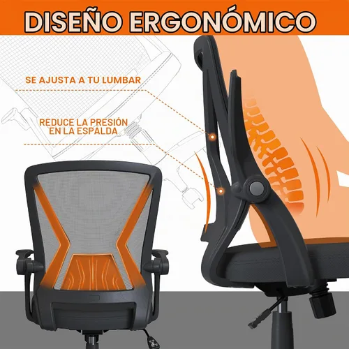 Vista 6 de Silla de oficina de malla ergonómica con respaldo medio, giratoria, de malla negra, brazos abatibles con soporte lumbar, silla de computadora