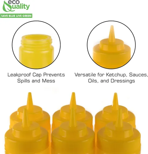 Vista 4 de Paquete de 2 botellas de plástico amarillo de 24 onzas para condimentos, salsas, aderezos, artes y manualidades, salsa de tomate, mostaza, aceite