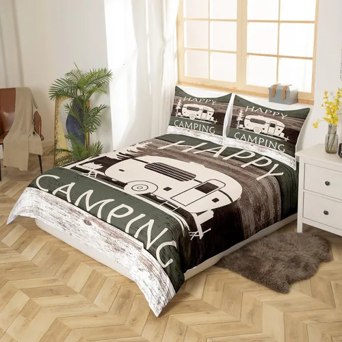 Vista 2 de Funda de edredón Happy Camping, juego de ropa de cama con temática de cámper para niños, funda de edredón de estilo rústico para decoración