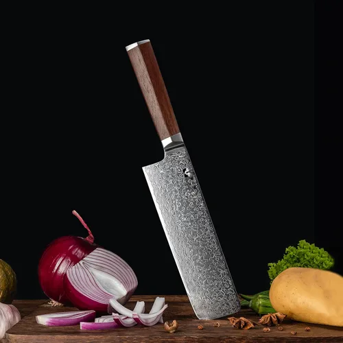 Vista 6 de Nakiri - Cuchillo de chef chino de acero de Damasco de 7 pulgadas, VG-10, 67 capas de acero de Damasco, picador profesional de verduras de Damasco