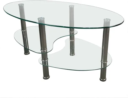 Vista 11 de Mesa de centro de cristal de 2 niveles, mesa de centro de vidrio templado, mesa central moderna rectangular mesa de té ovalada de vidrio con estante