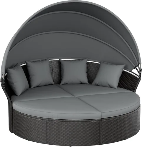 Vista 9 de Crownland Cama con dosel para patio al aire libre, sofá cama redonda con cojines lavables, asiento seccional de concha con muebles de mimbre
