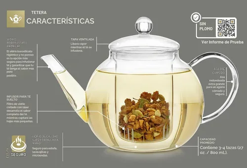 Vista 4 de Tetera de vidrio Teabloom segura para estufa y microondas con infusor de té de vidrio extraíble – Incluye 2 tés florecientes – Hervidor de té