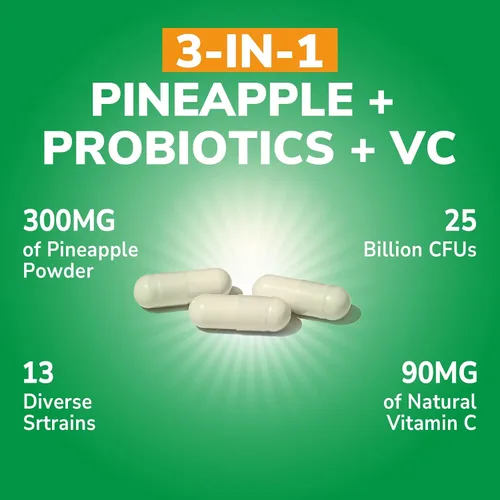 Vista 2 de Vitalibre Piña + probiótico, 300 mg, 25 mil millones de UFC, 13 cepas, vitamina C natural, potentes antioxidantes, para inmunidad, vaginal, salud