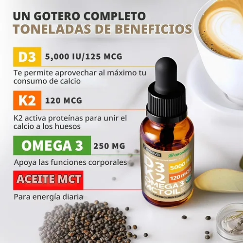 Vista 3 de NUSAVA - Gotas orgánicas de vitamina D3 K2 con aceite MCT, capuchino, paquete de 2 Bone, Heart and Immune Support, Vitamin D3 and K2 with MCT Oil